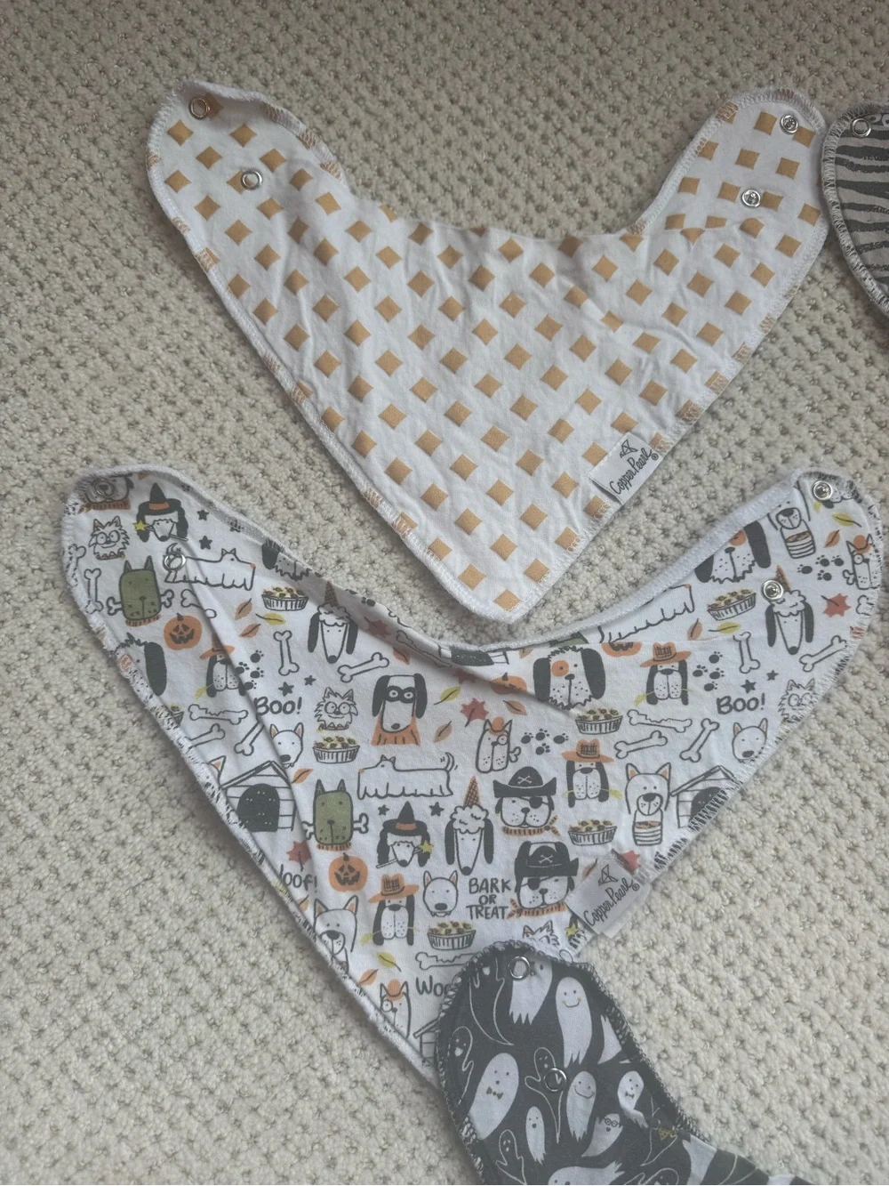 Copper Pearl— Halloween Bandana Bib Set for Kids - Orange, Gray, White Patterns